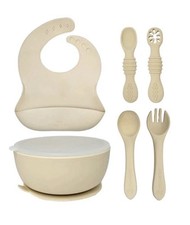 HippoBaby 6pc Silicone Baby Feeding Set Suction Bowl Bib Spoon Fork Cream