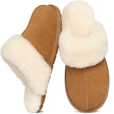 100 Genuine Leather Slippers for Women Fuzzy Winter Scuff House 6 Chestnut