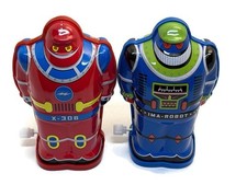 2 Schylling Wind Up Tin Robots Bots Toy - Immaculate - Works