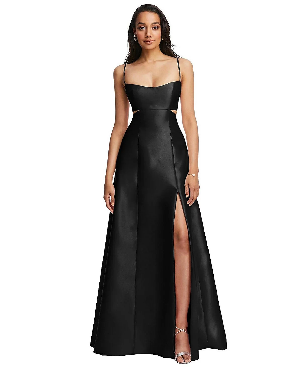 Alfred Sung Gown Dress Womens 12 Black Satin Maxi Cut Out Sleeveless Slit D840