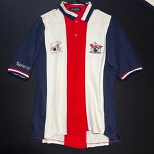 Vintage Bowling Team Polo Shirt Mens Red White Blue AMF Amigos Embroider Boots