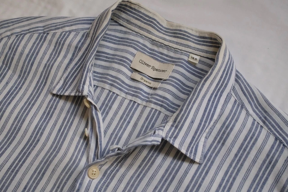 Oliver Spencer Short Sleeve Shirt – Size 16.5 (L) – Striped Linen Cotton Blend - image 3 of 4
