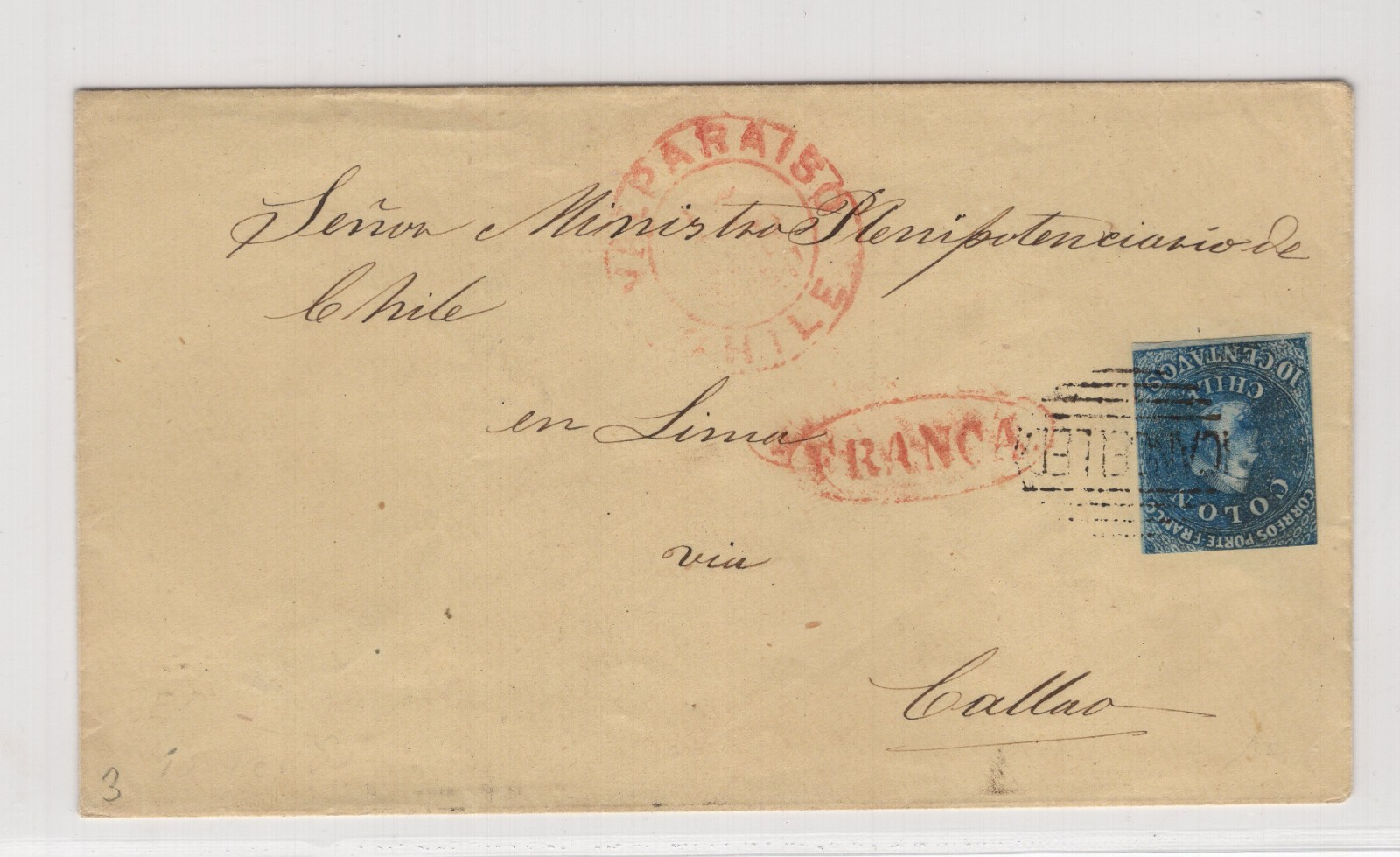 CHILE 1867 Valparaiso to Callao Peru scarce postmark FRANCA red oval on cover