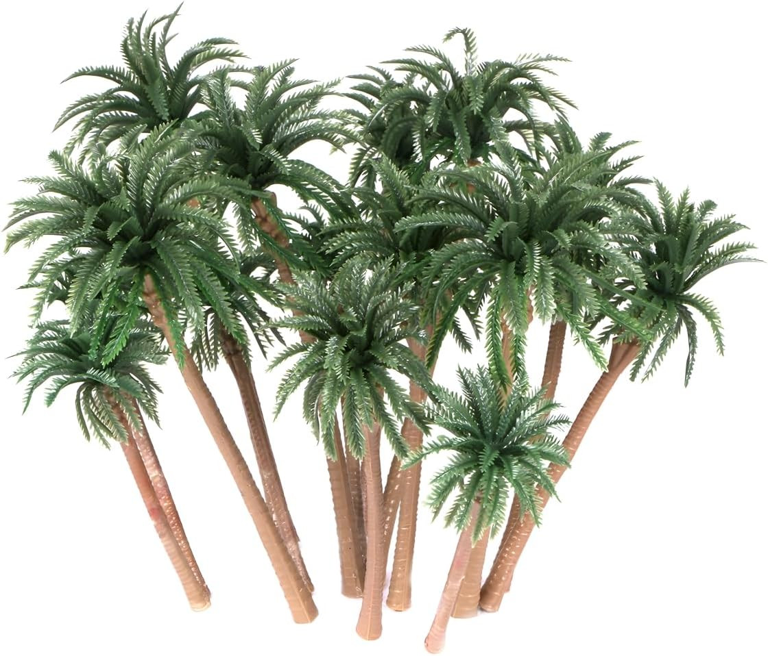 15-Pack Miniature Palm Trees | 4-6.3” Tropical Coconut Model Trees with Flexible