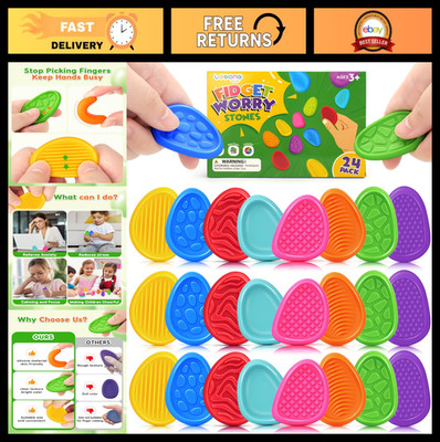 24 Pack Sensory Fidget Stones for Kids & Adults - Textured Worry Stones, Quiet A