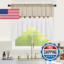 FRAMICS Farmhouse Swag Curtain, Boho Cotton Linen Valance Curtain, Rustic Button