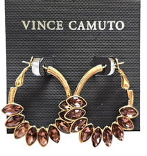NEW VINCE CAMUTO GOLD TONE,OVAL BROWNISH PURPLE CRYSTALS HOOP DROP EARRINGS