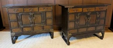 Matching Pair Wood Antique Bandaji Korean Tansu Butterfly Cabinets W/Brass Trim