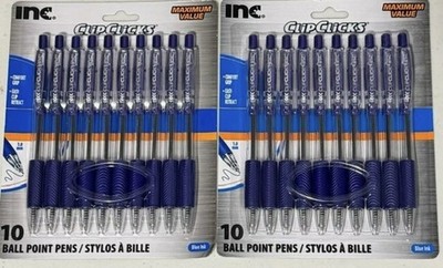 SET OF 2 Inc Clip Clicks Retractable Ball Point Pens 1.0mm 10 Pens ~ Blue Ink