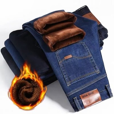 Damen flauschige dicke lockere gerade geschnittene Jeans Polyester elastisch Med