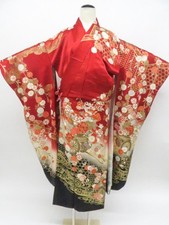 Japanese Vintage Kimono Furisode Silk Gold Floral Made in Japan eb-1676