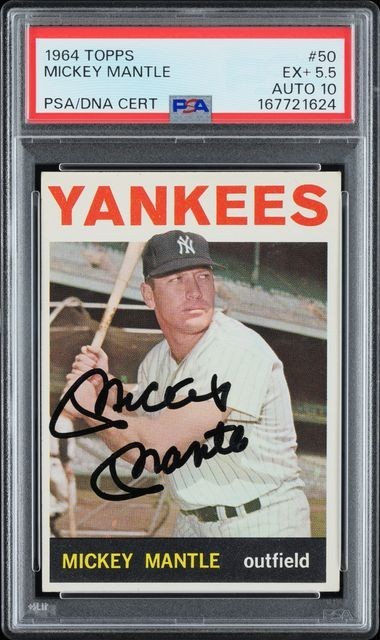 1964 TOPPS #50 MICKEY MANTLE PSA 5.5 EX+. AUTO 10.