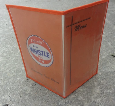 1940s WHISTLE Soda Diner Counter Tabletop Plastic Two Sided Menu Holder Unused - Image 1 of 3