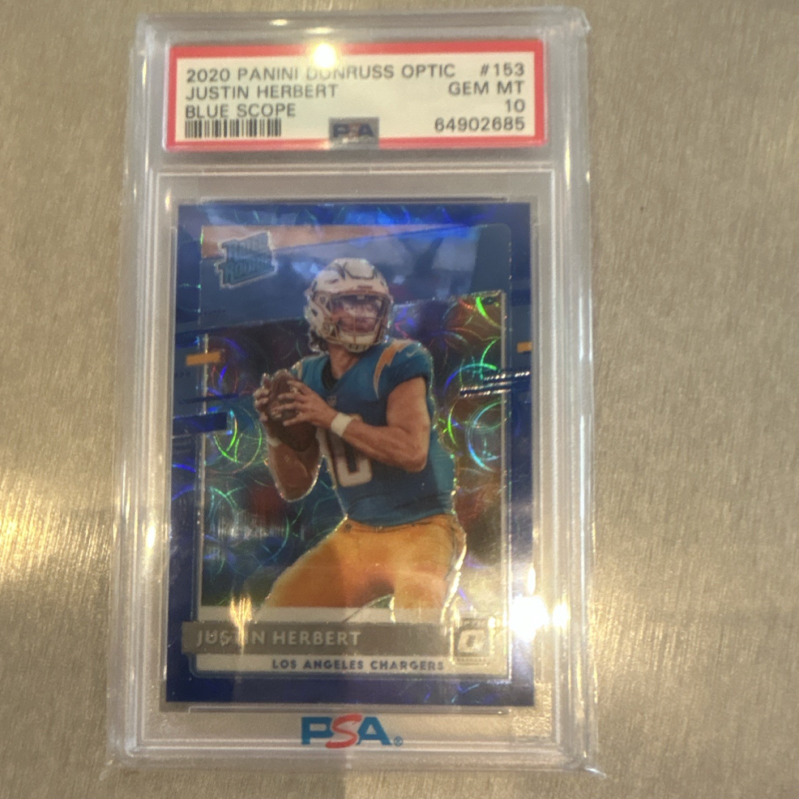 2020 Panini Donruss Optic Justin Herbert #153 Blue Scope Prizm PSA 10 RC