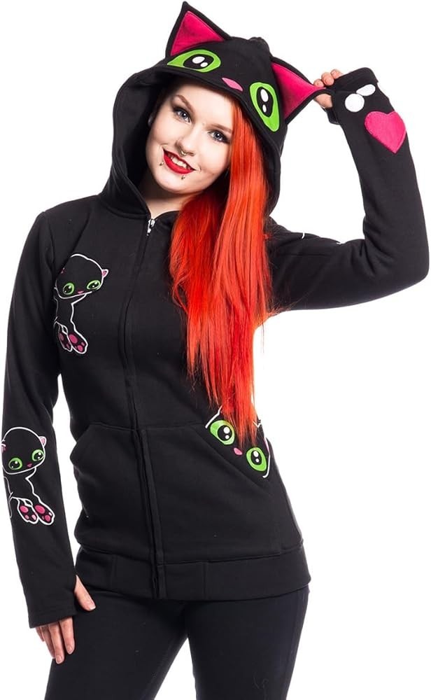 Cupcake Cult Size Large Black Cat Zip Up Hoodie Corset Back Goth Punk Emo Scene