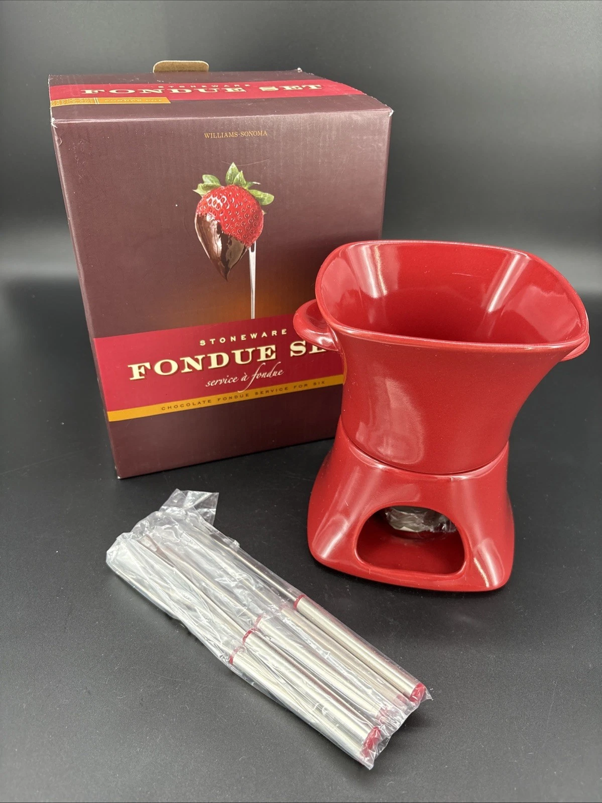 Williams Sonoma Red Stoneware Fondue Set Bowl Tea Light Warmer Base Six Fork New