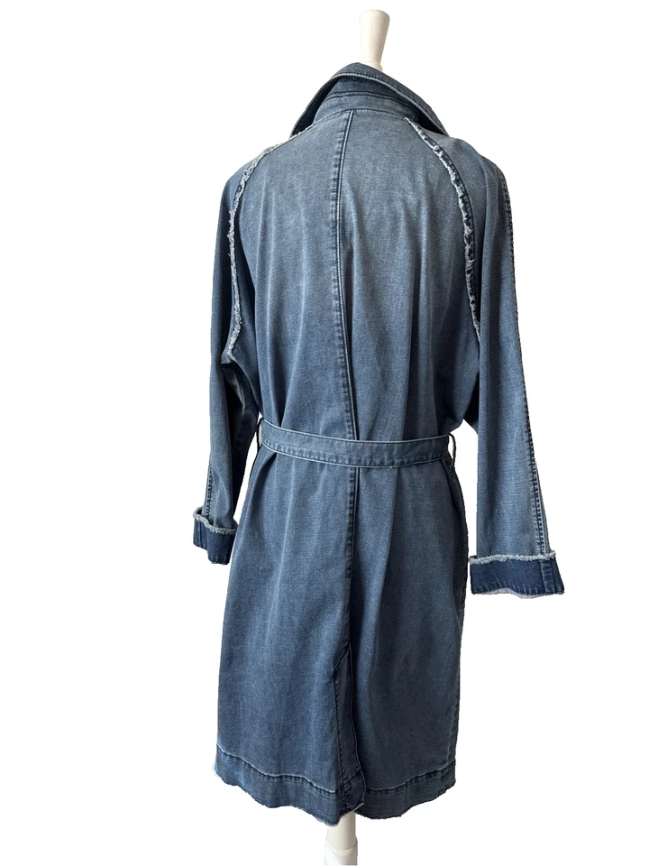 LOGO by Lori Goldstein Women’s XL Distressed Raw Denim Belted Longline Trench - Image 4 of 4