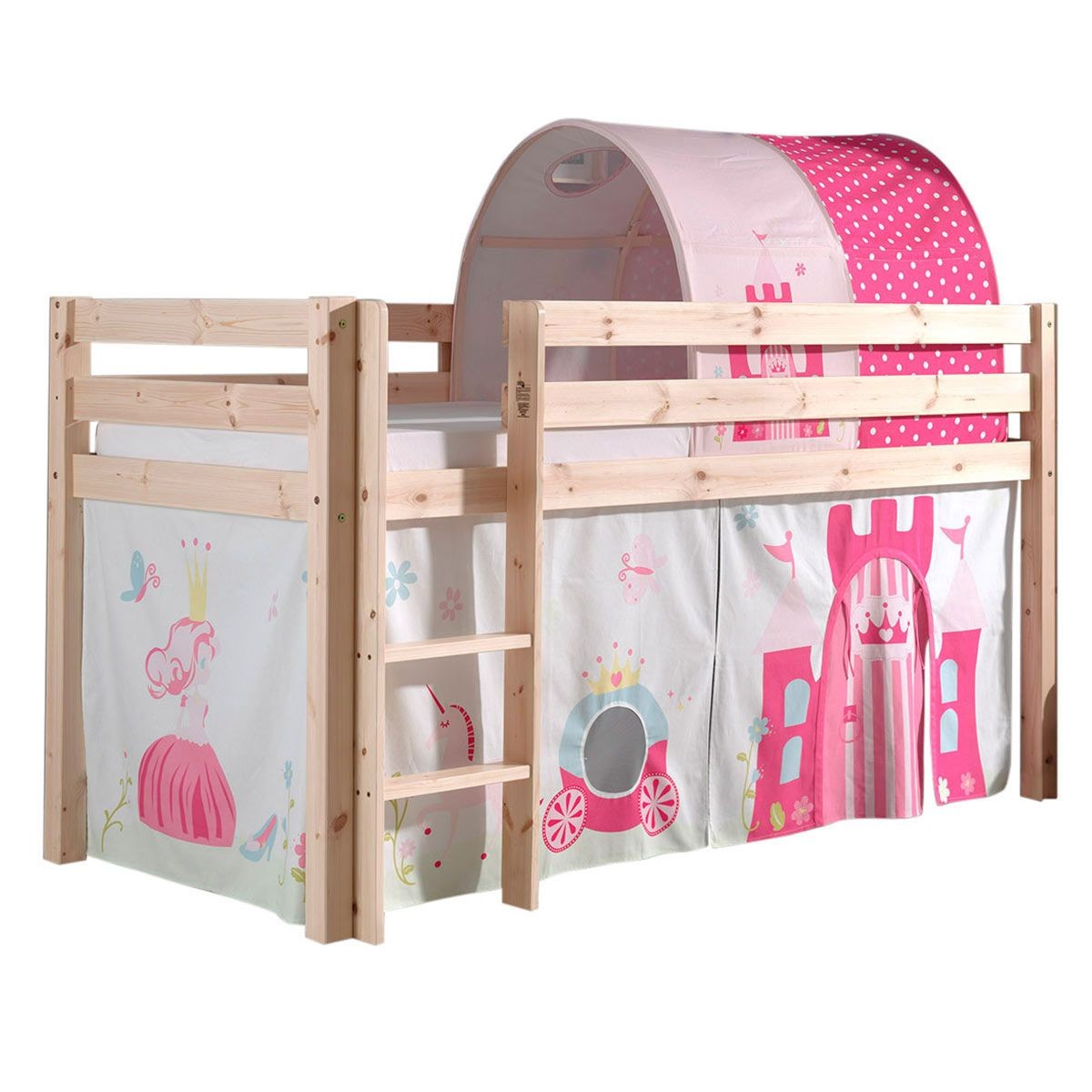 Lit enfant gain de place avec barrière de sécurité Pino Princesse bois naturel anti-chute