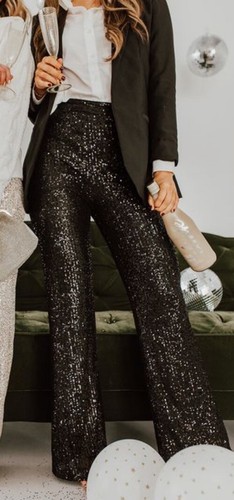 Vintage 80s Glam Rock - Shomax Beaded Sequin Silk Channel Pants, Black, Med - Picture 2 of 11