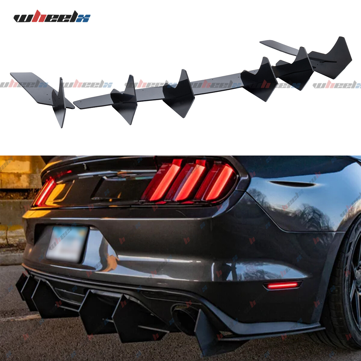 V2 Style Glossy Black Rear Diffuser & Side Splitter For Ford Mustang 2015-2023