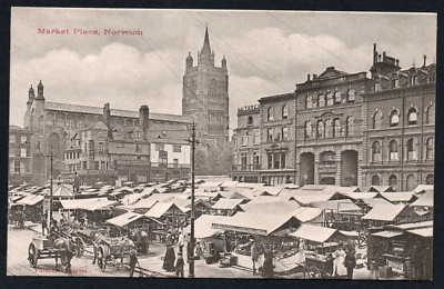 Postcard Norwich Norfolk busy Market Place stalls early view