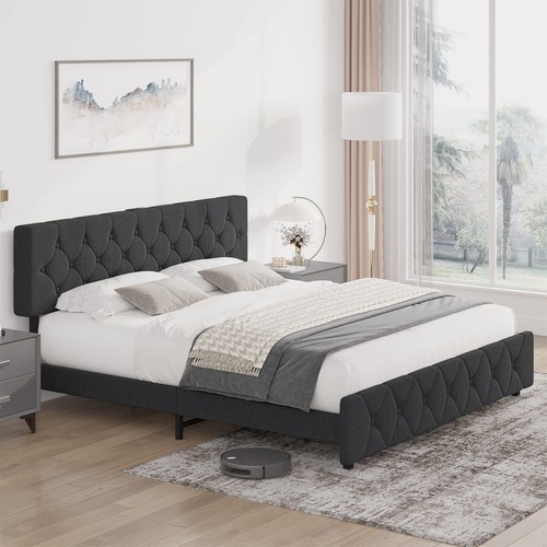 Queen Size Bed Frame with USB Ports Upholstered Platform W/Adjustable Headboard - Picture 7 of 8