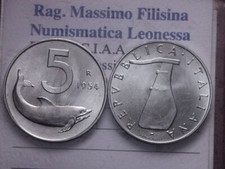 NL*Italia Repubblica 5 LIRE DELFINO 1954 VARIANTE FIRMA DISTANTE FDC da ROTOLINO