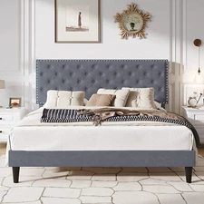 King Size Bed Frame with Adjustable Diamond Button Tufted Headboard,Silver Grey