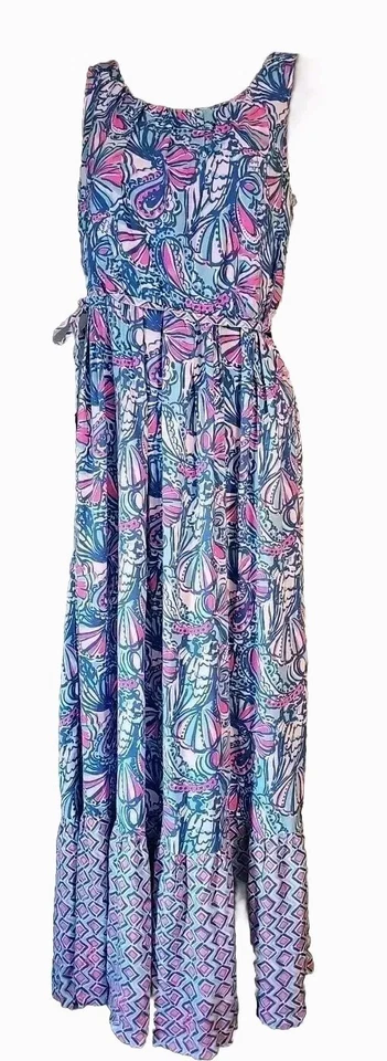 Girl's XL Lilly Pulitzer Maxi Dress Blue Pink Sleeveless Ruffle R13 - Image 3 of 4