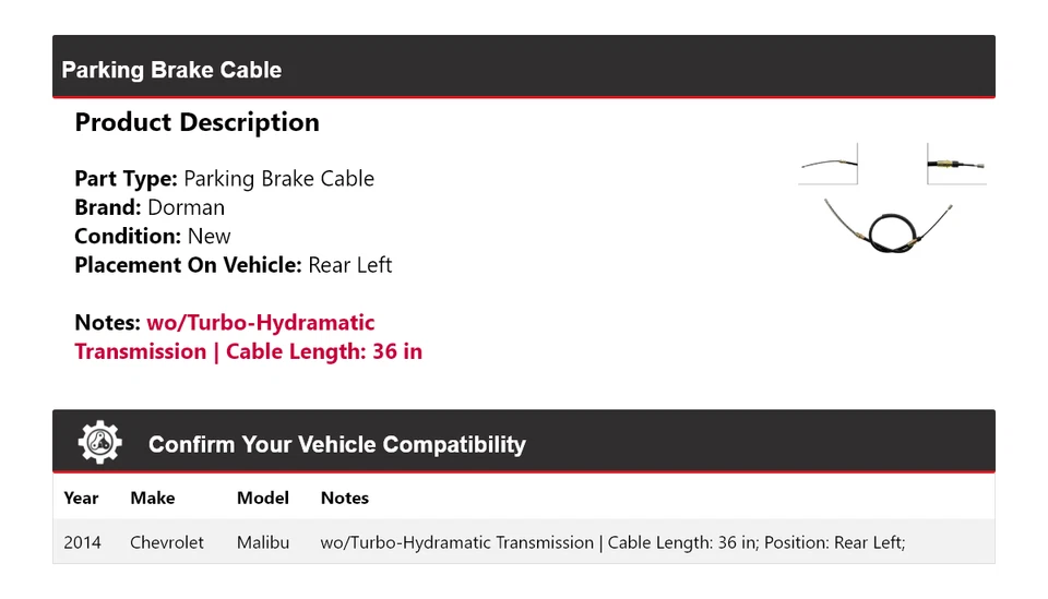 Cable de freno de estacionamiento trasero izquierdo Chevrolet Malibu Dorman 2014 Foto 2 de 4