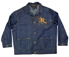 Men's Rocawear Denim Jacket 3XL Blue Embroidered Logo Y2K Orange Accents Hip Hop