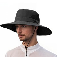 Wide Brim Sun Hat for Men Women, UV Protection Beach Bucket One Size Dark Grey