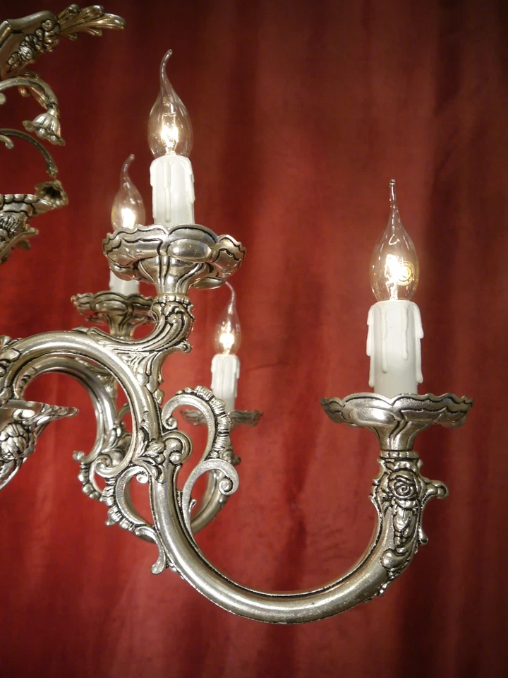 ANTIGUA ARAÑA PLATA NÍQUEL LATÓN BARROCO ACCESORIOS DE TECHO 12 LÁMPARAS Ø 32" Foto 3 de 4