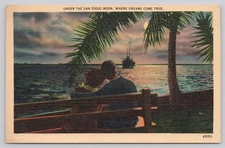 Vintage Linen Postcard Under the San Diego Moon Romantic Scene 1930-45