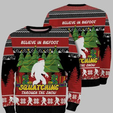 Believe In Bigfoot Squatching Through The Snow Ugly Christmas Sweate