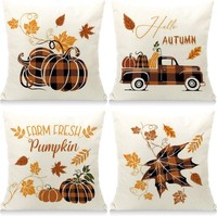 Kissenbezug 45X45Cm 4Er Set Ahornblatt KüRbis Herbst Dekoration Sofa Garten