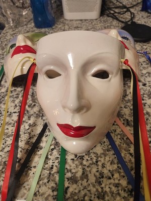 Set of 3 Vintage Lady Mask Cast of Thousands Ceramic Wall Hanging. Claudia Cohen