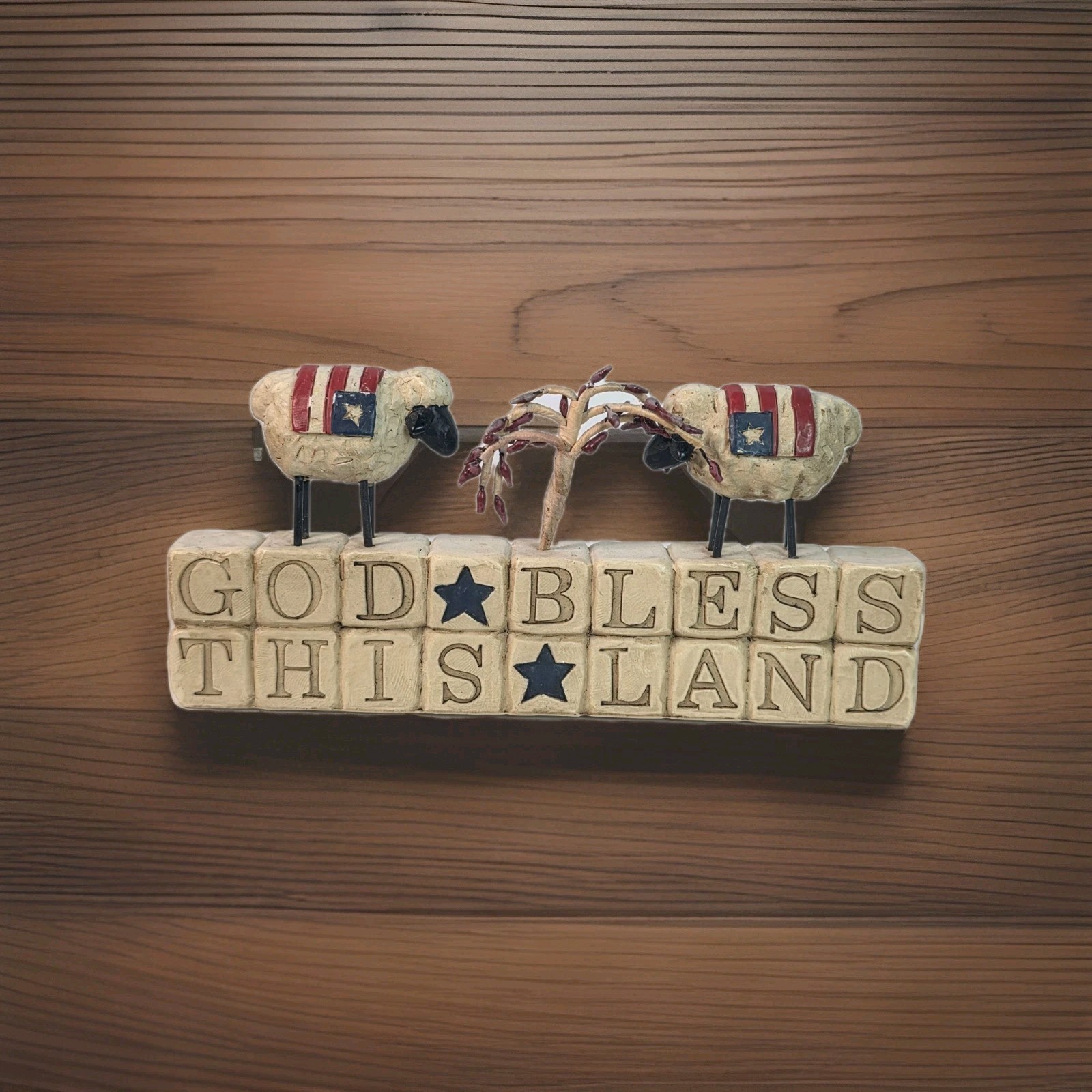 Blossom Bucket Suzi Skoglund "God Bless This Land" Sheep Figurine With Flag