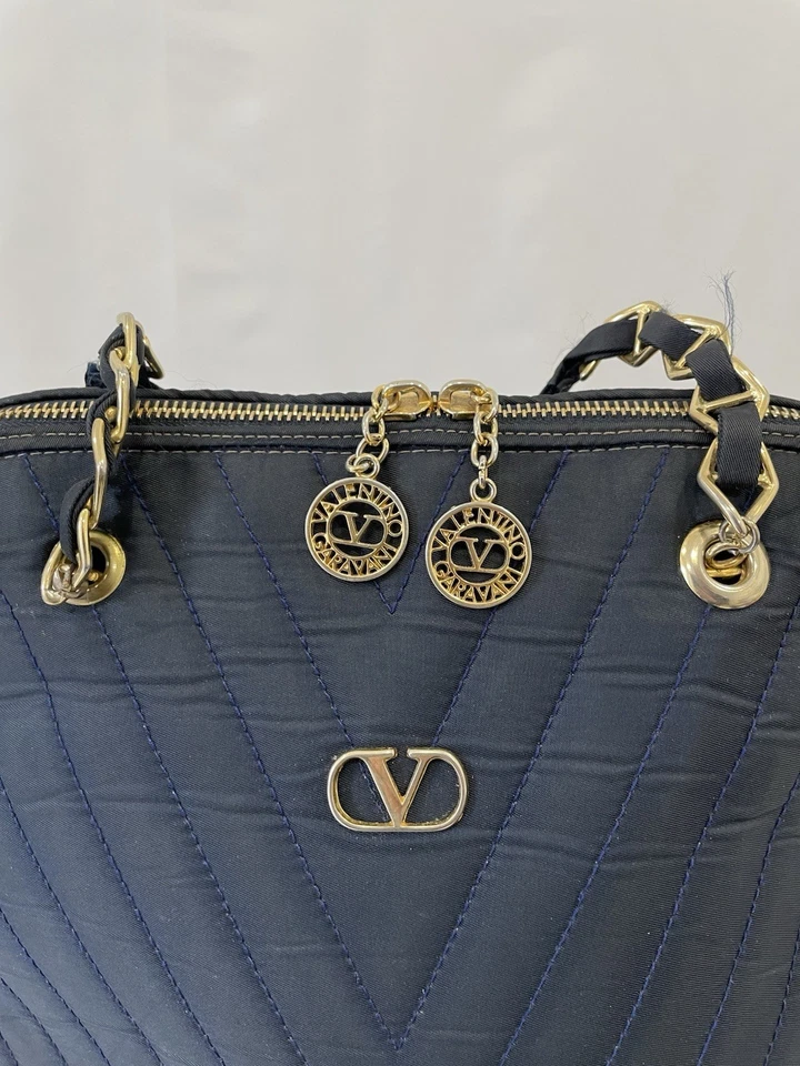 H30#Valentino Les Sacs Navy Blue Quilted Shoulder Bag Gold Logo Charm Italy Made - Image 2 of 4