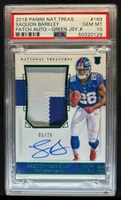 2018 National Treasures Saquon Barkley Green Rookie Patch Auto #5/26 PSA 10
