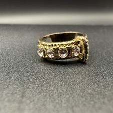 Vintage 925 Sterling Silver Gold Vermeil Belt Buckle Ring Clear CZ Stones Sz 6.5