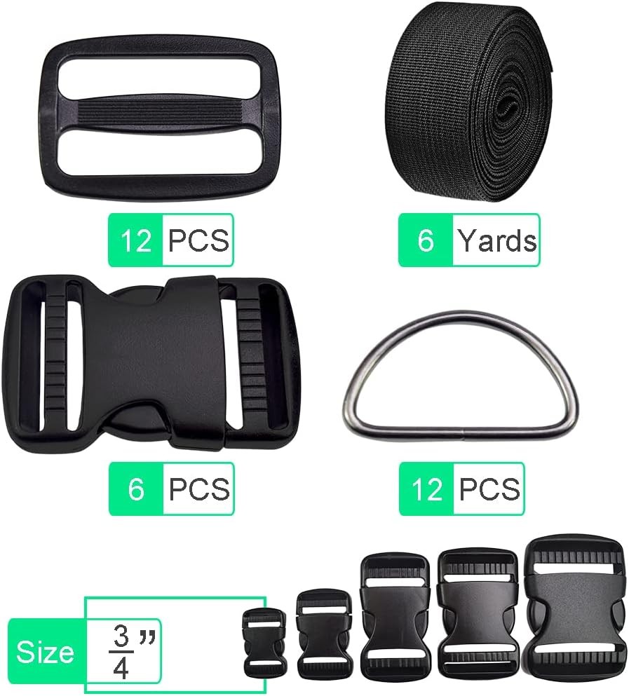 CooBigo 3/4 Inch Buckles Straps Set 6 Yards Black Nylon 