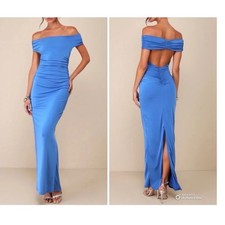 NWT Lulus Brilliant Elegance Blue Off-The-Shoulder Backless Maxi Dress Large