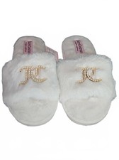 Juicy Couture Faux Fur Slippers Ivory Pearl Logo Slide Cozy Size Small 5 / 6 NWT