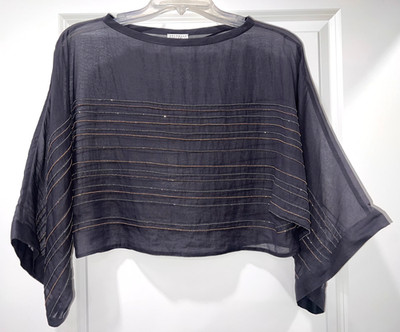 BRUNELLO CUCINELLI Gray Gauze Sheer Pullover Cropped Top Gold & Silver Monili S