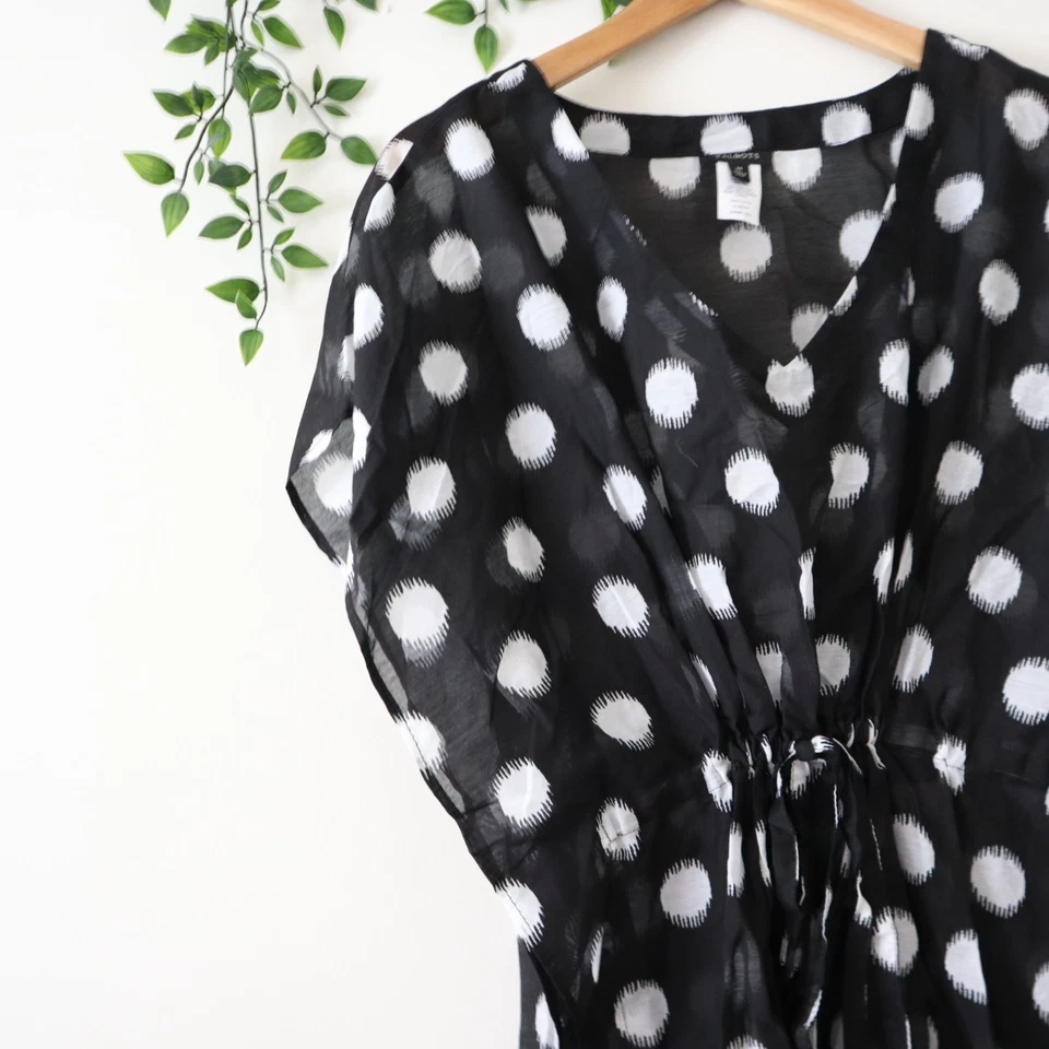 Talbots Black White Polka Dot Silk Blend Short Sleeve Tie Waist Cover Up Size M - Image 2 of 4