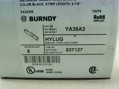 BURNDY 537127 Aluminium Kompression Lasche (8 Pk) 2 Loch 600Kcmil Y-New IN Kiste