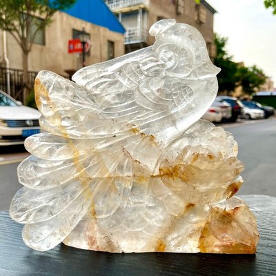 Natural White Crystal Peacock Carved Statue Feng Shui Decor  6.3 lb