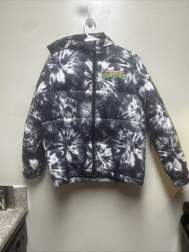 Nickelodeon Ninja Turtles Winter Coat Black and White Tie-Dye Puffer Sz 18 Hood - Image 2 of 4