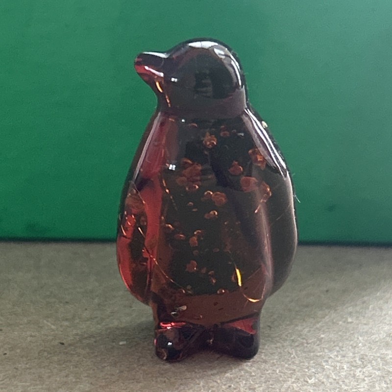 miniature Amber Glass Penguin Figurine 1.5” With Red Satin Pouch In Original Box
